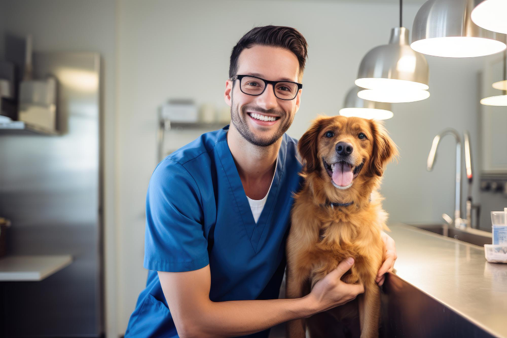 Male veterinarian examining pet
